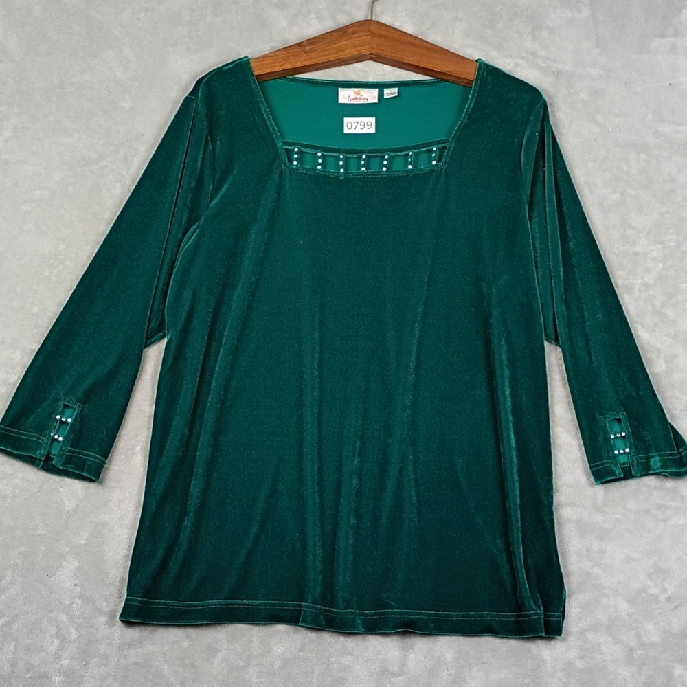 Quacker Factory Velvet Top Womens Large Green Rhinestone Lattice 3/4 Sleeve Y2K